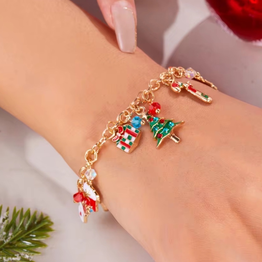 Festive Christmas Gold Charm Bracelet with Santa Snowman Gift Pendants Holiday - Picture 5 of 6